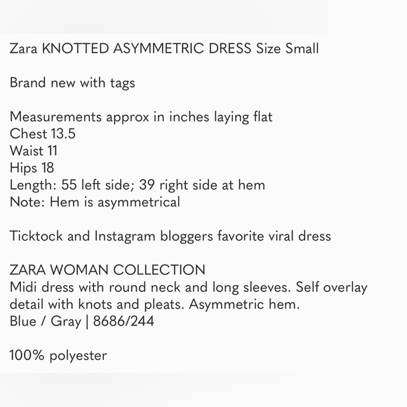 NWT Zara Knotted Asymmetric Metric Dress - Blue Gray Small - Picture 9 of 16